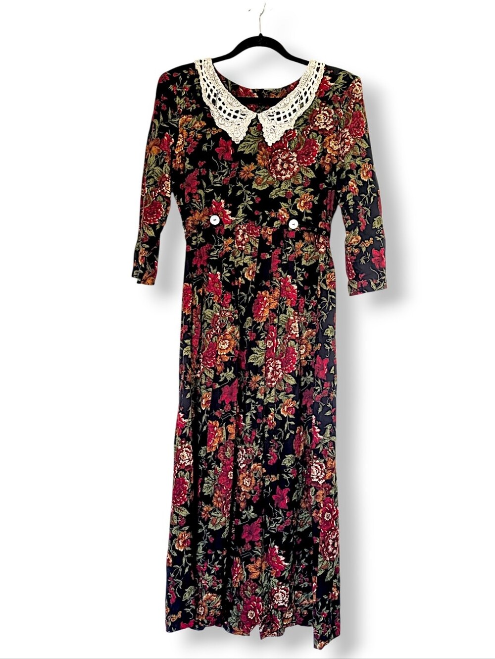 Vintage 80's crocheted peter pan bib fairy cottage  grunge floral midi dress S - Picture 3 of 9